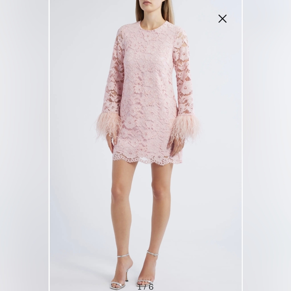 Likely Pink Feather Trim Long Sleeve Lace Dress